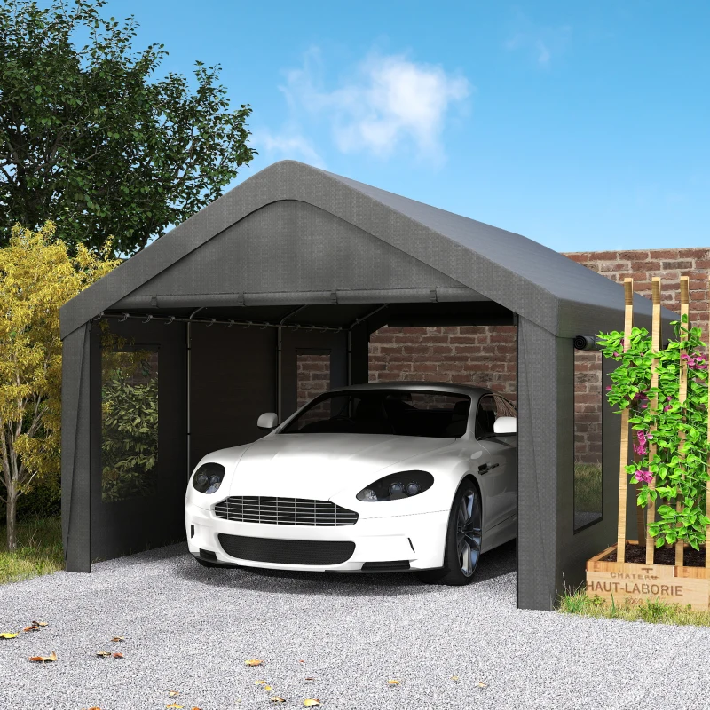Outsunny Garaje Exterior para Coche 6x3,6 m Impermeable con Tejido PE Resistente Marco de Acero Paredes Desmontables Gris Oscuro