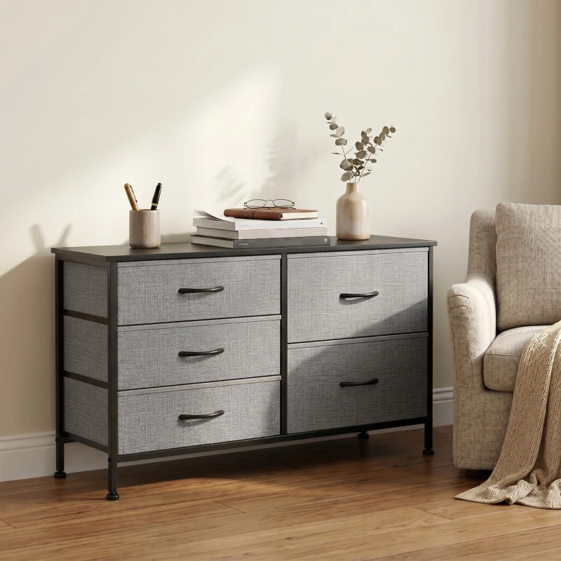 HOMCOM Cómoda con 5 Cajones de Tela Cómoda para Dormitorio Marco de Acero Cajonera para Salón Oficina Gris Oscuro y Negro
