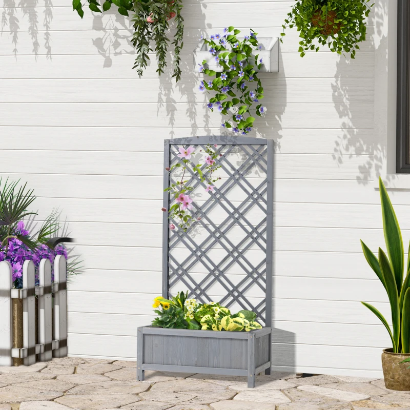 Outsunny  Hochbeet Blumenständer Garten Pflanzkasten mit Rankgitter Holz Rankkasten Grau 60 x 30 x 122,5 cm