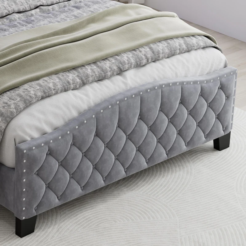Upholstered 4ft6 Double Bed with Built-in Bedside Storage, Sturdy Storage Bed with Colourful LED Light Strip, 210L x 140.5W x 124H cm, Grey