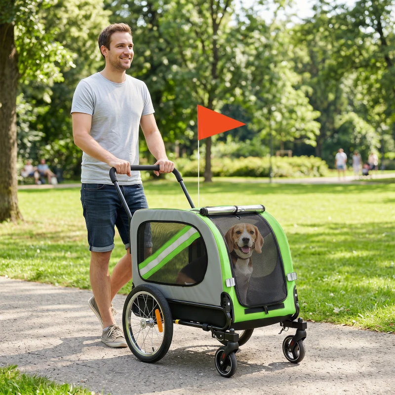 PawHut Rimorchio per bici per cani 2 in 1, pieghevole con cintura e riflettori, verde