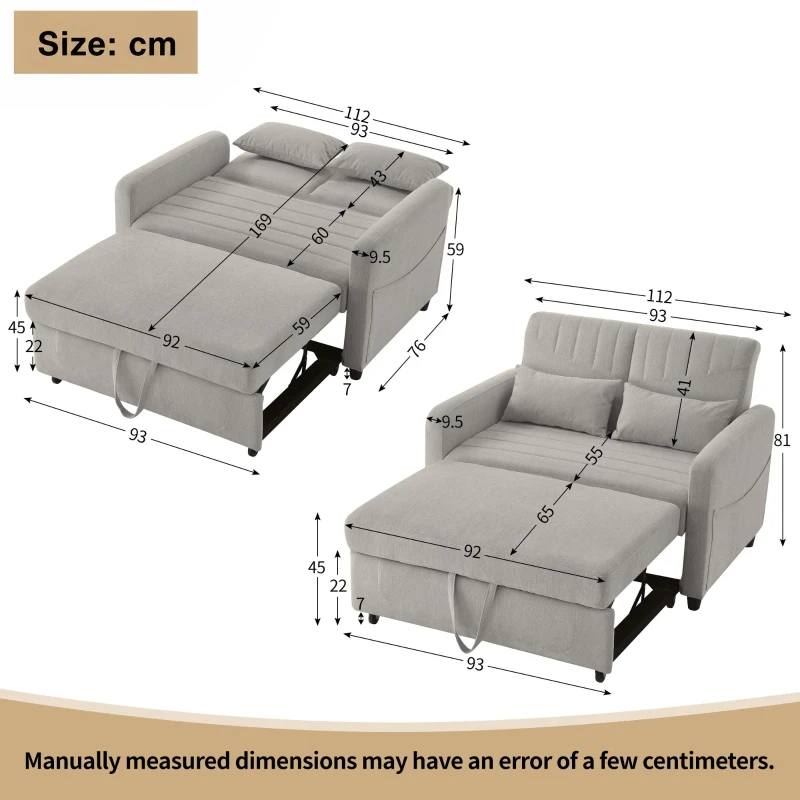 Two-Seater Pull-Out Sofa Bed with Three-Level Adjustable Backrest, Stylish Futon Couches with High-Density Foam, 112L x 169W x 59H cm, Light Gray