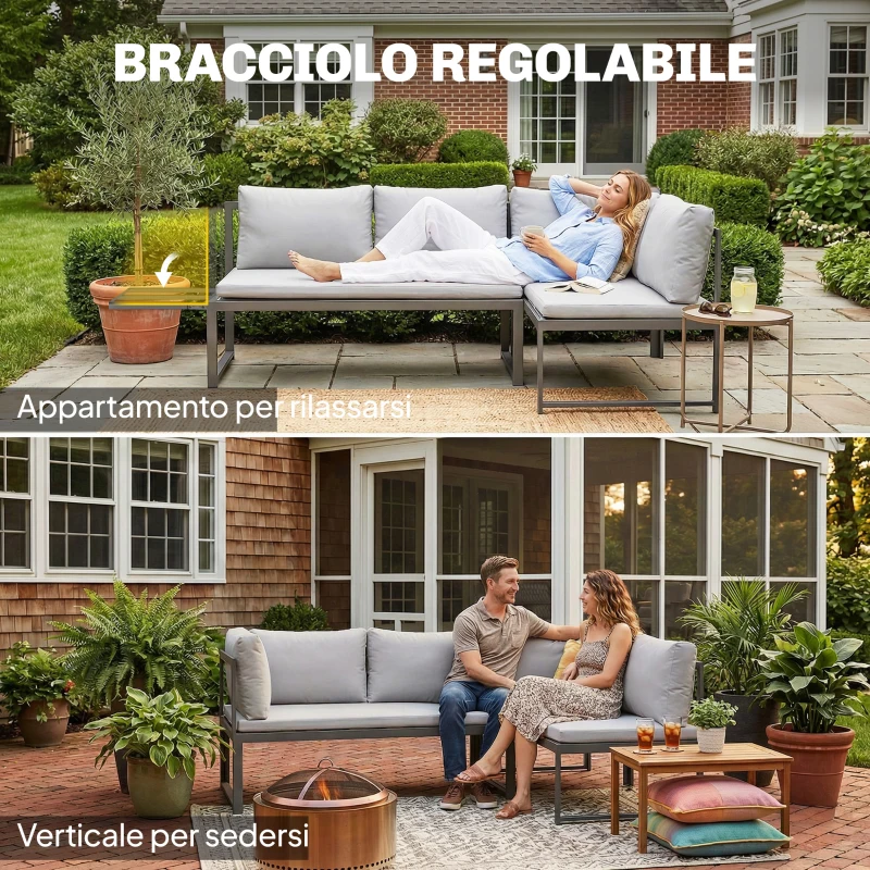 Outsunny Set da Giardino 3pz con Divano Angolare 4 Posti e Tavolino a Doghe, in Metallo e Poliestere Grigio
