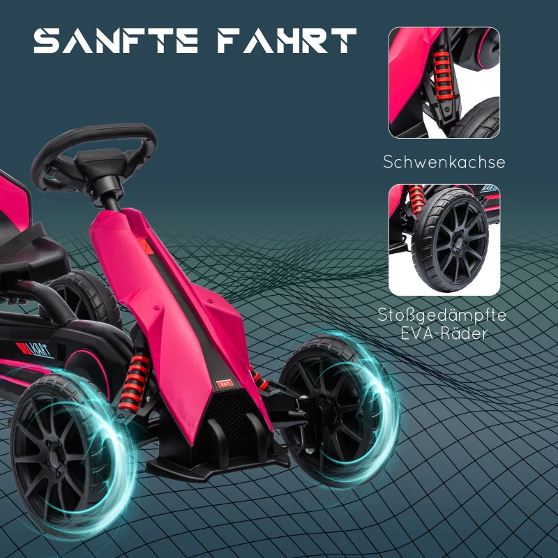 HOMCOM Go-Kart, Kinderfahrzeug mit verstellbarem Sitz, Tretfahrzeug, Tretauto mit Handbremse, 3-8 Jahre, Outdoor, Rosa