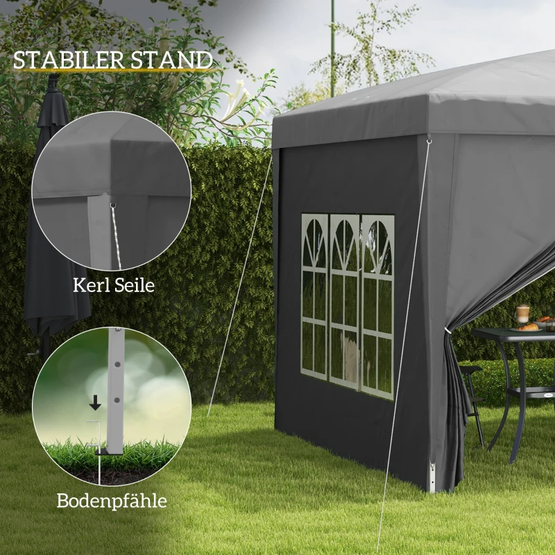 Outsunny 3 x 3 m Pavillon mit 4 Seitenwänden, Fenster, Festzelt mit UV-Schutz, Gartenzelt inkl. Tragetasche, Stahl, Grau