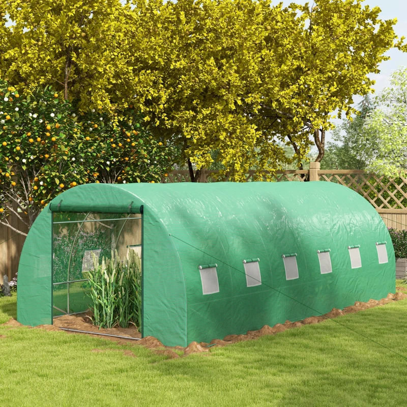 Outsunny Estufa Tipo Túnel 6x3x2 m com Sistema de Rega Integrado, 12 Janelas com Rede e 1 Porta Enrolável, Verde