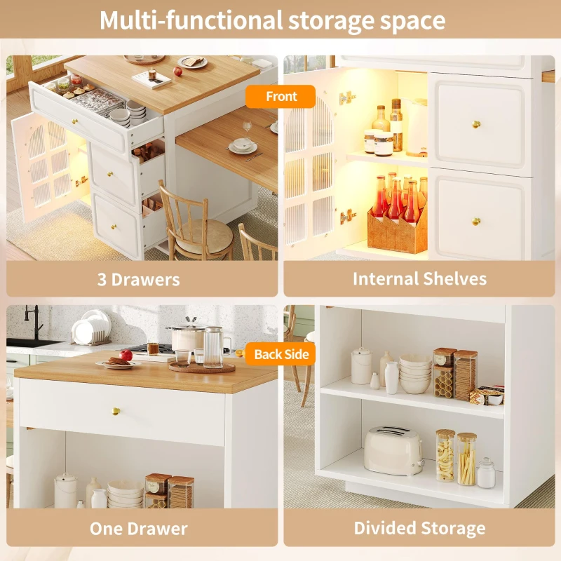 Extendable Kitchen Island with LED Colour Lighting, Space-Saving Dining Bar with 4 Drawers and Open Shelf, 195.5L x 70W x 93.5H cm, White