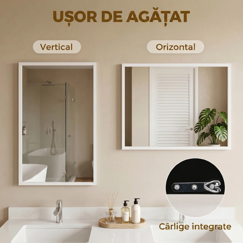 HOMCOM Oglindă de Perete Dreptunghiulară cu Cârlige, din Sticlă și MDF, 50x70 cm, Alb