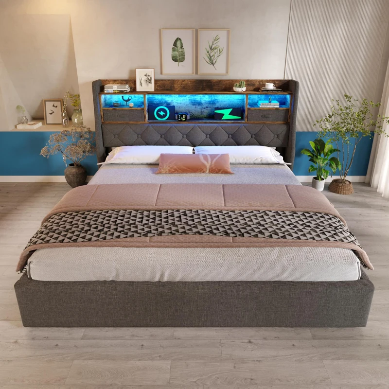 Upholstered Hydraulic Bed with LED Ambient Lighting, Linen Grey Bed Frame with Storage Headboard, 208L x 147W x 116H cm, Grey