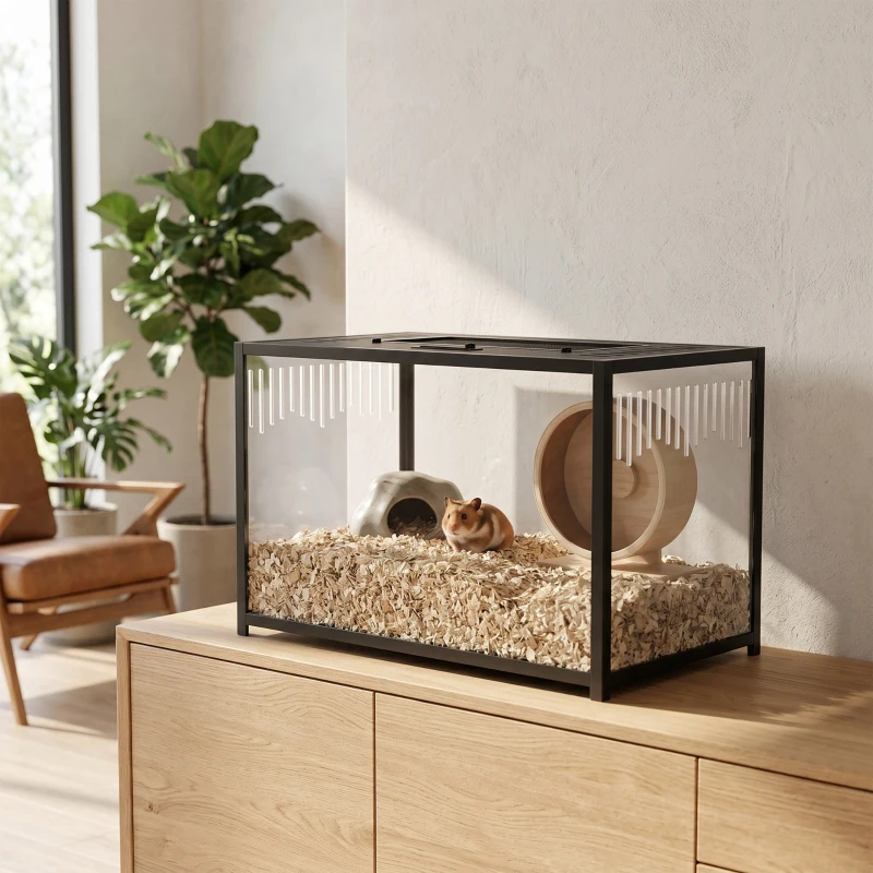 PawHut Cușcă pentru hamster din acrilic și metal cu bază adâncă, capac rabatabil, ventilații laterale, 80x45x50,5cm, negru