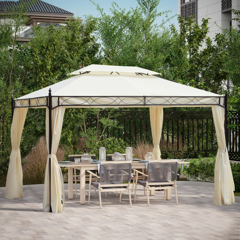 Outsunny Pérgola de Jardim 4x3 m com Telhado Duplo 4 Cortinas Estrutura de Aço 8 Orifícios de Drenagem Anti-UV Creme