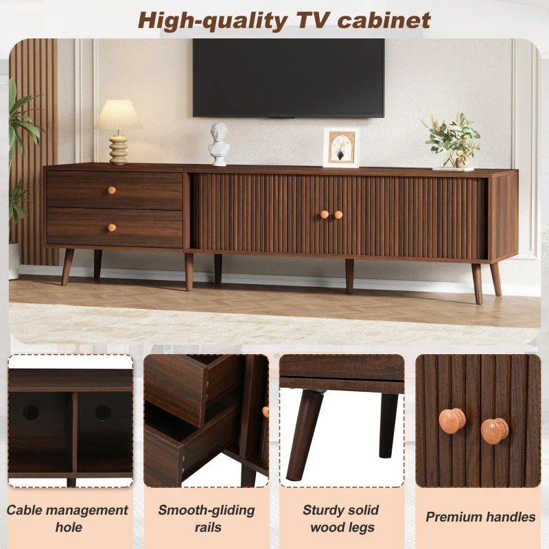 Stylish TV Cabinet for up to 80-Inch Screens, Spacious Unit with 8 Support Legs, 180L x 40W x 46.5H cm, Walnut