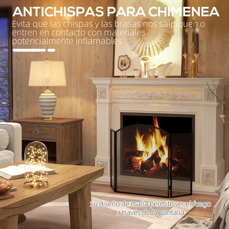 HOMCOM Protector de Chimenea Plegable de 3 Paneles Pantalla de Chimenea con Estructura de Acero 96x62 cm Negro