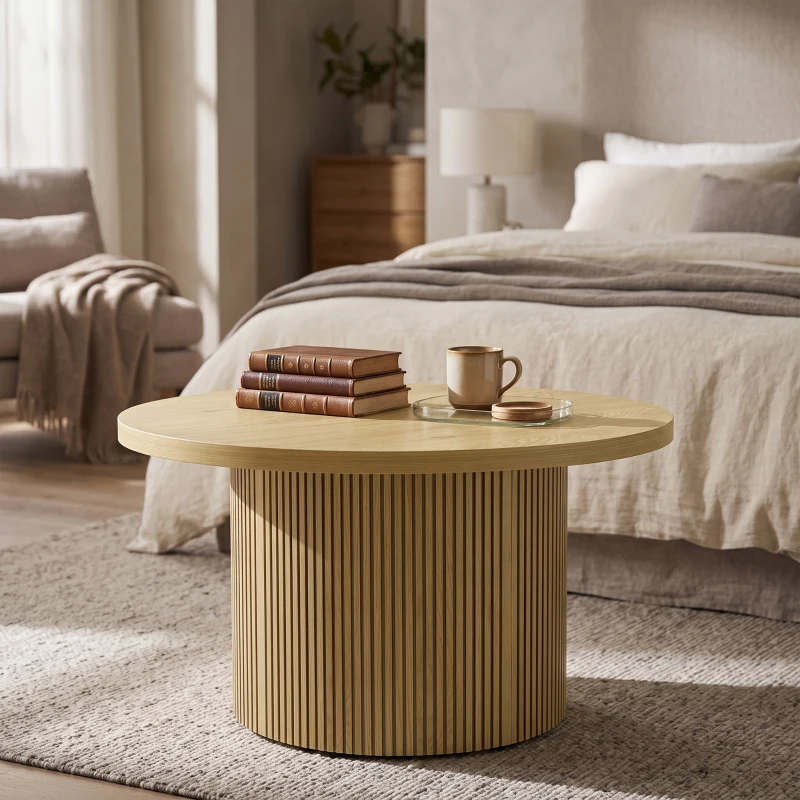 HOMCOM Mesa de centro redonda em madeira, mesa de sala com pé canelado, estilo moderno, efeito madeira natural