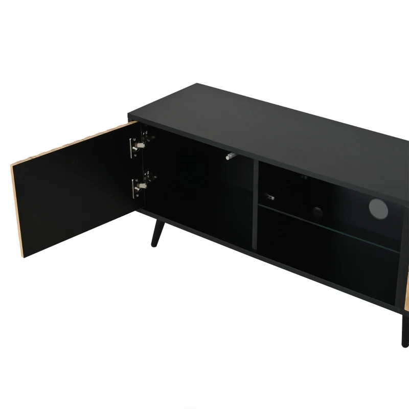 Mid-Century TV Cabinet with Smart App LED Lighting, Modern TV Stand with Built-In Cable Management, 175L x 31W x 43.5H cm, Black+Wood