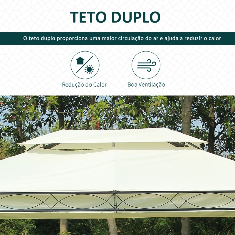 Outsunny Pérgola de Jardim 4x3 m com Telhado Duplo 4 Cortinas Estrutura de Aço 8 Orifícios de Drenagem Anti-UV Creme