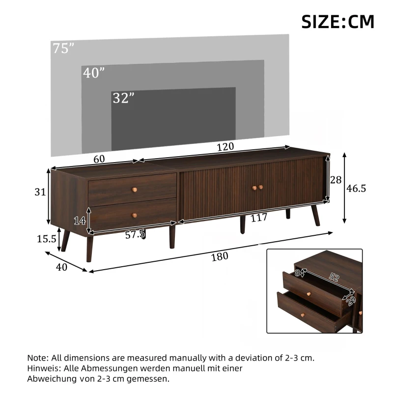 Stylish TV Cabinet for up to 80-Inch Screens, Spacious Unit with 8 Support Legs, 180L x 40W x 46.5H cm, Walnut