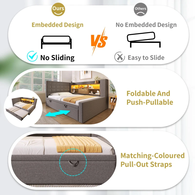 Upholstered Daybed with Pull-Out Trundle and Space-Saving Storage, Versatile Grey Linen Bed Frame with LED Lighting, 204L x 107W x 88H cm, Grey
