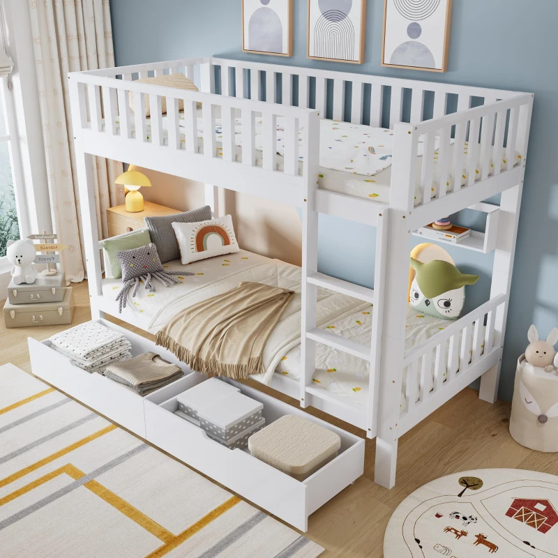 Space‑Saving Children's Bunk Bed with Safe Three-Step Ladder, Versatile Storage Bed with Under-Bed Sliding Drawers, 198L x 98W x 152H cm, White