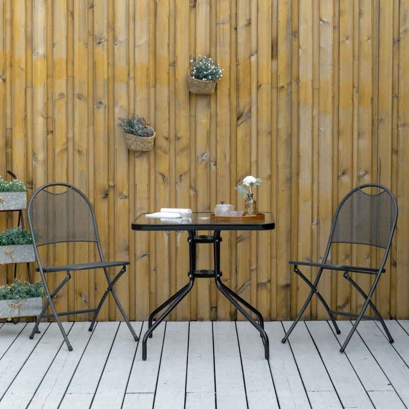 Outsunny Mesa de Jardín Cuadrada 76x76x72 cm con Agujero para Sombrilla y Encimera de Vidrio Templado para Patio Terraza Negro