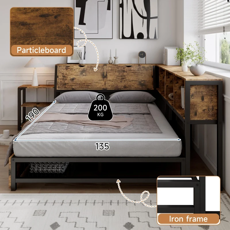 Classic Double Bed with Two Underbed Drawers, Sturdy Storage Bed with Built‑In Bedside Storage, 200L x 136.5W x 85H cm, Rustic Brown