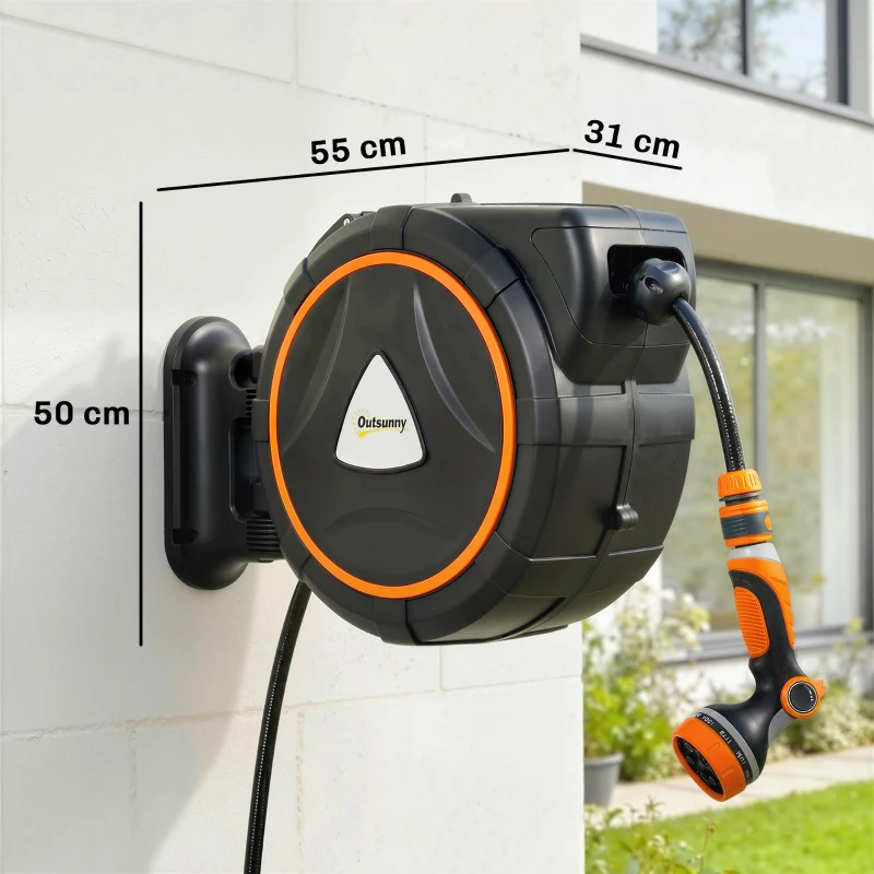 Outsunny Carrete de Manguera Retráctil 23+2 m con 12 Modos de Rociado Bloqueo Automático Retracción Controlada Soporte Naranja