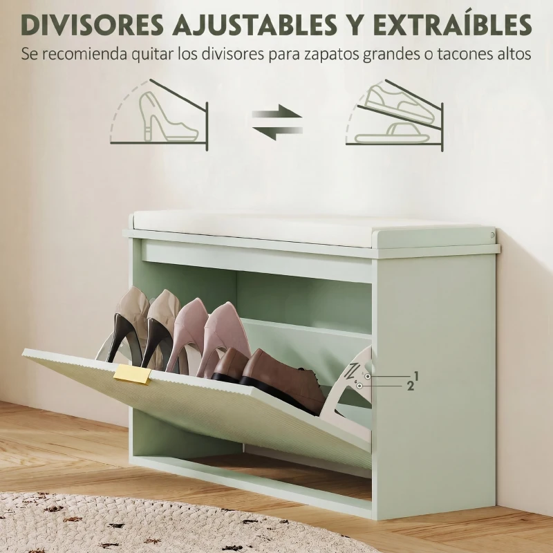 HOMCOM Banco Sapateira com Assento Acolchoado Gaveta Rebatível Prateleira Ajustável para Entrada ou Quarto 80x26x47,5 cm Verde Claro