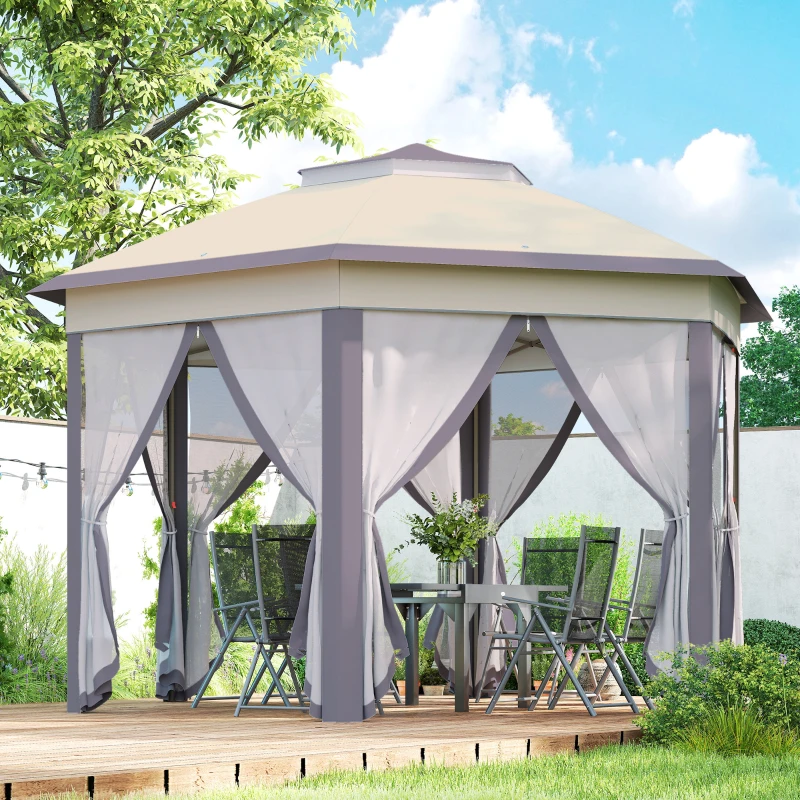 Outsunny Carpa Plegable 4x3,4 m con Doble Techo 6 Mosquiteras Extraíbles y Bolsa de Transporte Anti-UV Marrón y Beige