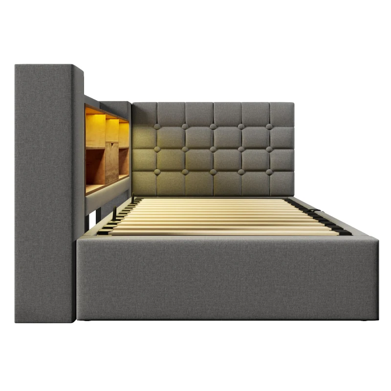 Upholstered Single Bed with Interchangeable L‑shaped Headboard, Stylish Linen Bed Frame with Hydraulic Storage, 203L x 108W x 86H cm, Grey