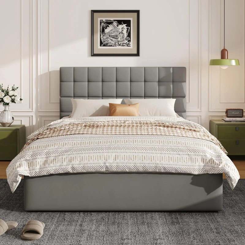 Elegant Upholstered Bed with Hydraulic Lift, Sturdy Storage Bed with 3 Storage Drawers, 202L x 148W x 100H cm, Grey
