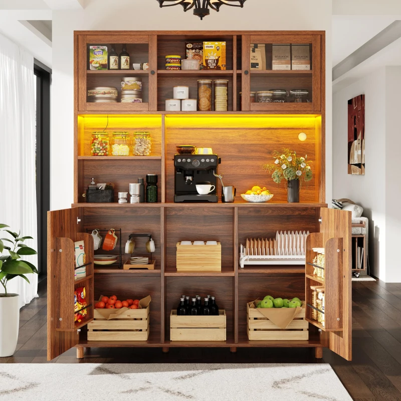 Tall Cabinet with Silent Sliding Toughened Glass Doors, Dining Room Sideboard with Metal Construction, 140L x 40W x 185H cm, Walnut Brown