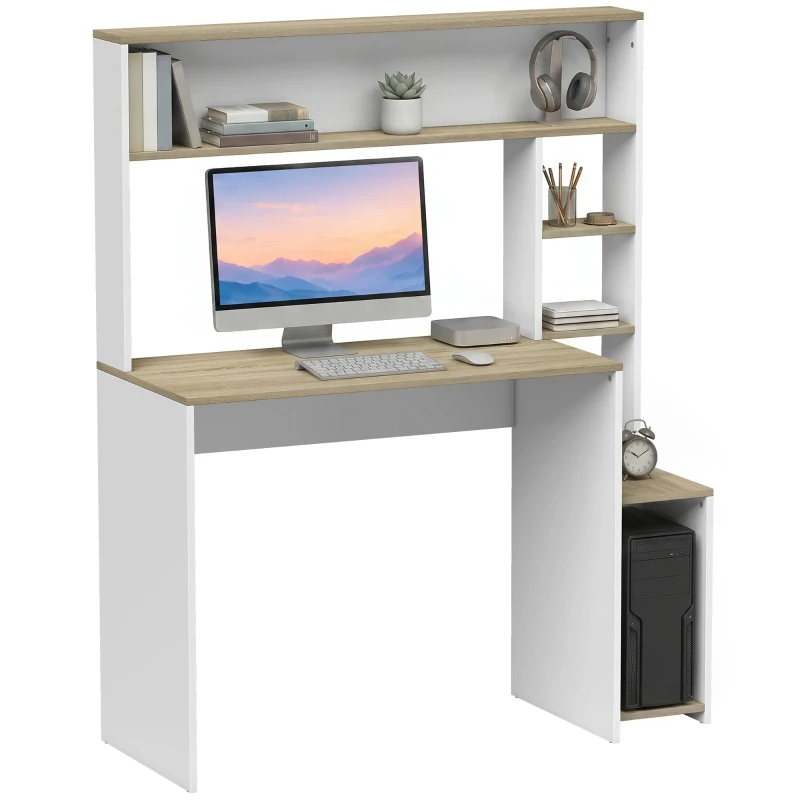HOMCOM Scrivania per computer con ripiani, supporto monitor e CPU, 114x45x138 cm, bianco e legno