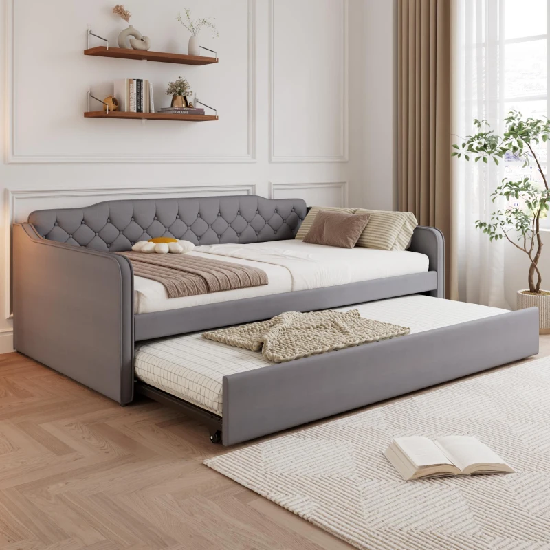 Space-Saving Upholstered 4ft6 Double Daybed with Pull-Out Trundle, Versatile Sofa Bed with Thick Foam Padding, 202L x 139.5W x 81.5H cm, Grey