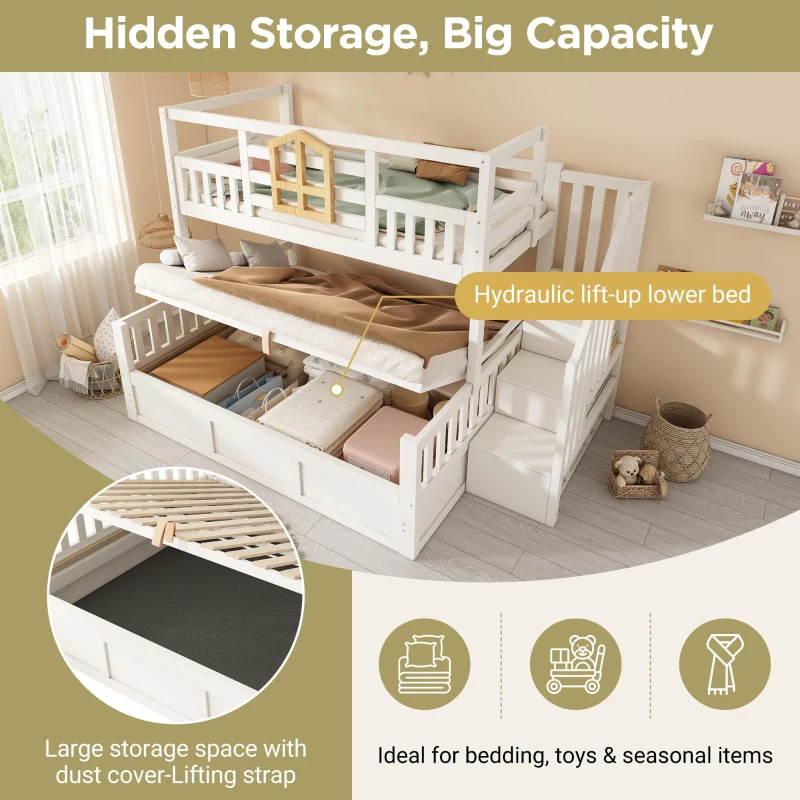 Twin Over Full Bunk Bed with Solid Pine and MDF Construction, Wooden Cabin Bed with Hydraulic Under-Bed Storage, 243L x 144W x 172H cm, White