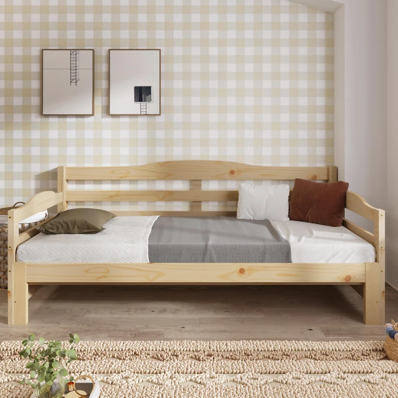 Stylish Cabin Bed with Pull-Out Trundle and Practical Storage, Natural Finish Wooden Bed Frame with MDF Slatted Base, 196L x 187W x 73H cm, Natural