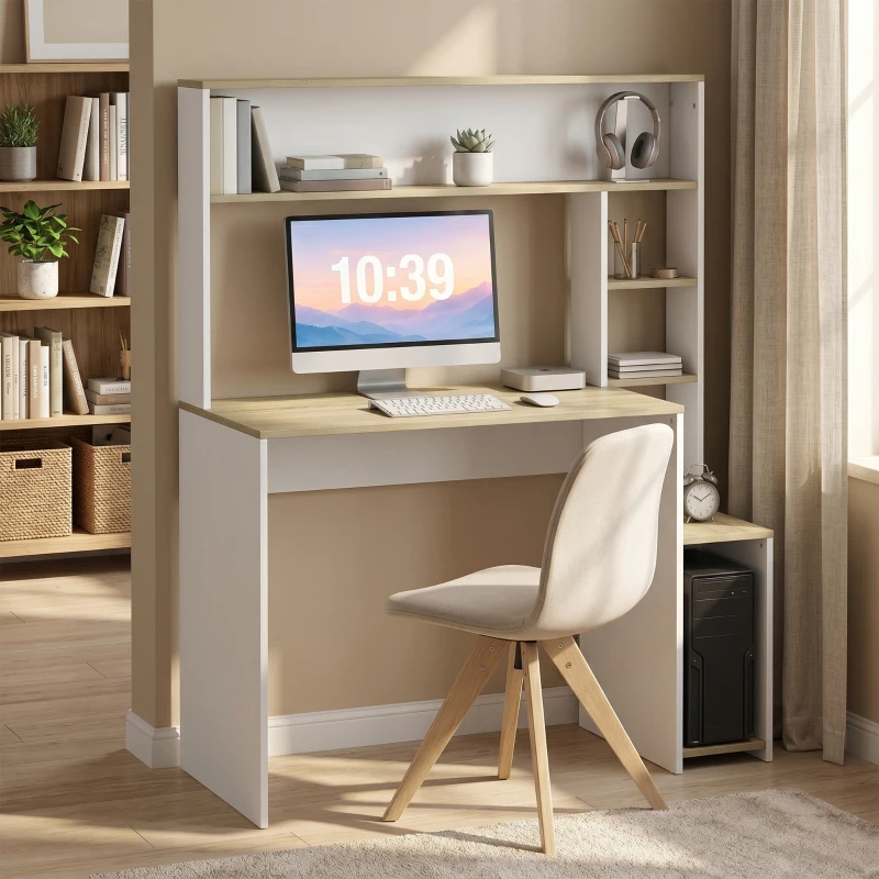 HOMCOM Scrivania per computer con ripiani, supporto monitor e CPU, 114x45x138 cm, bianco e legno