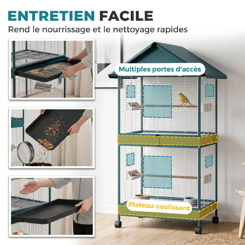 PawHut Cage à oiseaux sur roulettes avec séparateur amovible, 4 mangeoires et 2 perchoirs, 2 plateaux coulissants, 94x70x158cm