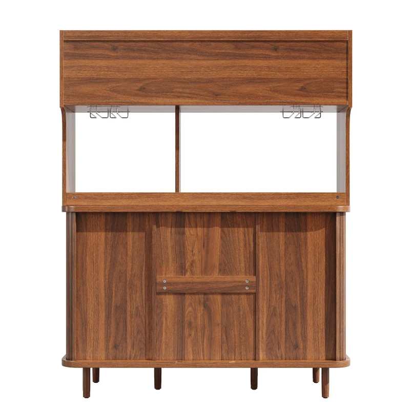 Rattan-Look Front Sideboard with Smooth-Running Glass Sliding Doors, Space-Saving Storage Cabinet with 3 Drawers, 140L x 40.5W x 174.5H cm, Walnut