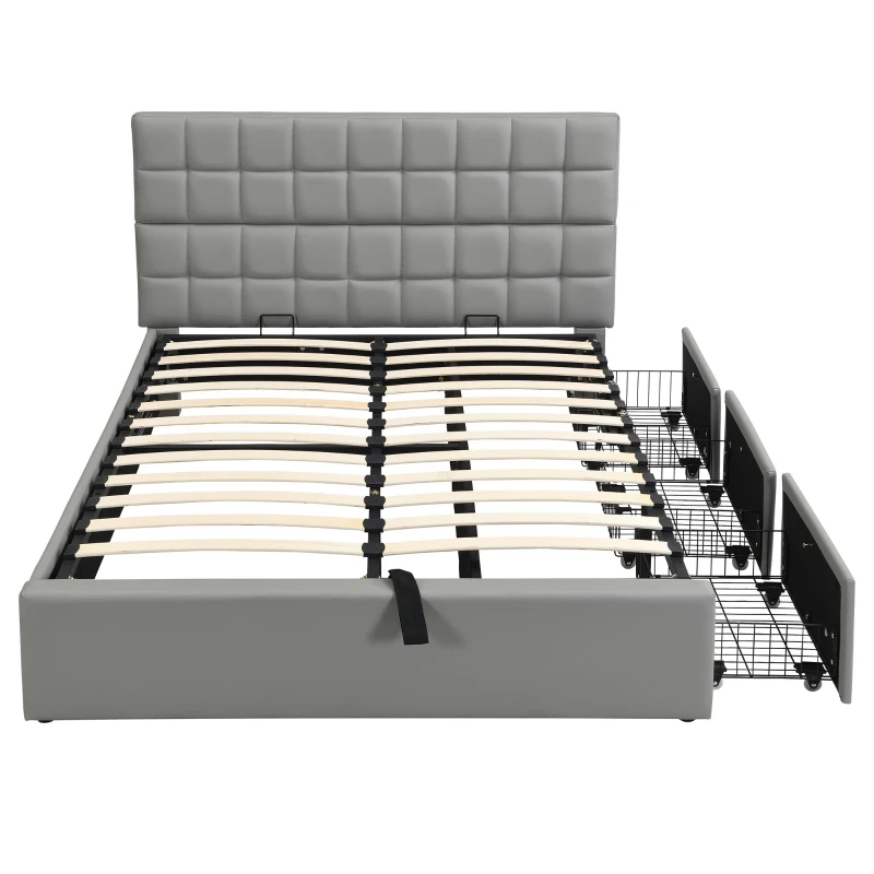 Elegant Upholstered Bed with Hydraulic Lift, Sturdy Storage Bed with 3 Storage Drawers, 202L x 148W x 100H cm, Grey
