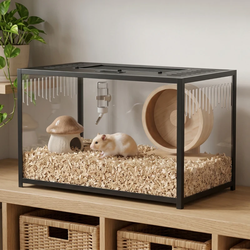 PawHut Cușcă pentru hamster din acrilic și metal cu bază adâncă, capac rabatabil, ventilații laterale, 80x45x50,5cm, negru