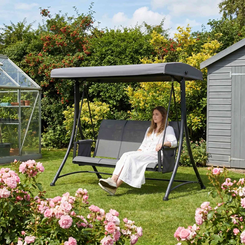 Outsunny 3 Person Outdoor Patio Porch Swing Chair with High Back Design and Side Pouches, Charcoal Grey