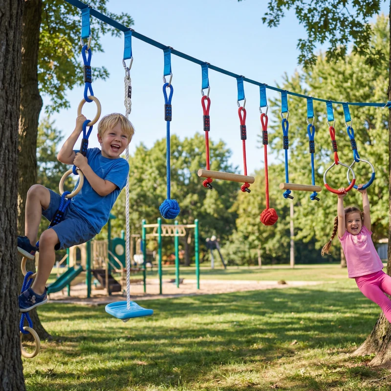 AIYAPLAY Ninja Line Kinder 10m 9-teilig Slackline Set mit 2 Turnringe 3-in-1 Schaukel 2 Kletterstange für 3-8 Jahre Mehrfarbig