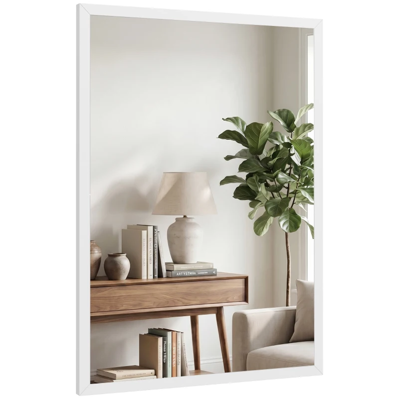 HOMCOM Oglindă de Perete Dreptunghiulară cu Cârlige, din Sticlă și MDF, 50x70 cm, Alb