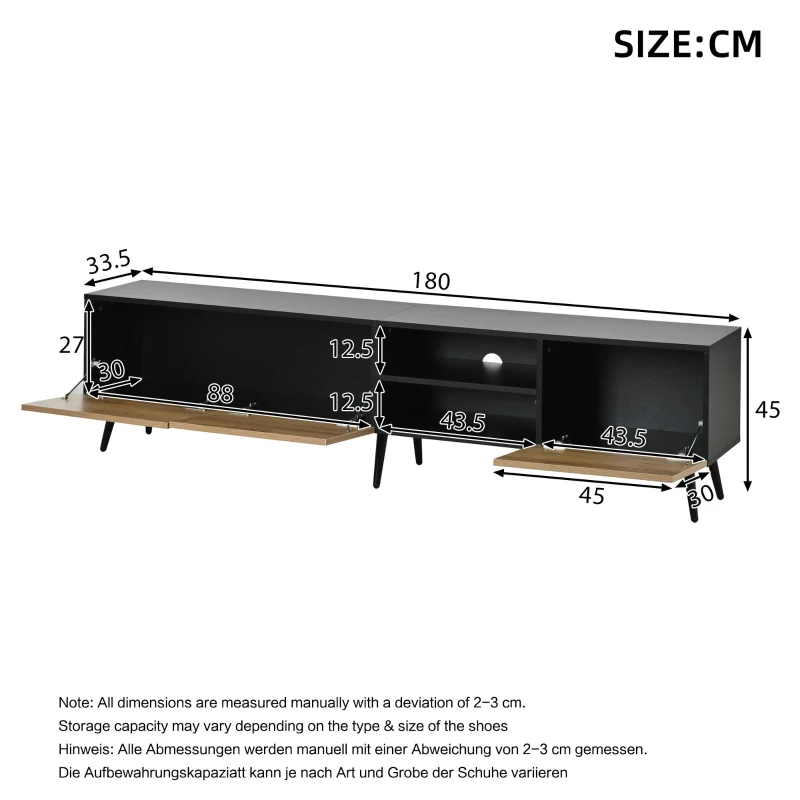 Modern Geometric TV Cabinet with Herringbone Fronts, Industrial-Style TV Stand with Solid Wood Legs, 180L x 33.5W x 45H cm, Black+Oak