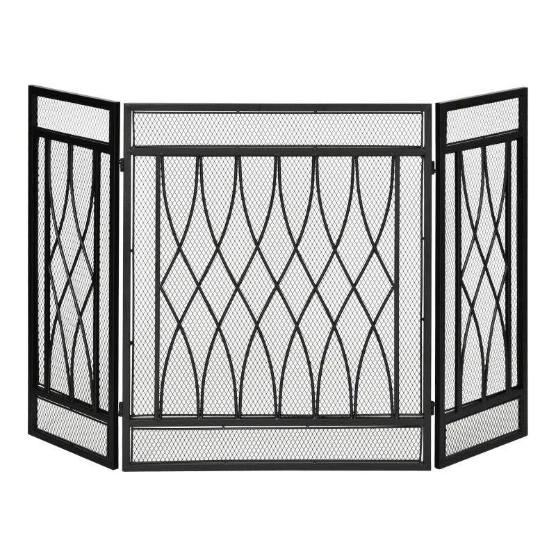 HOMCOM Pantalla Protectora de Chimenea Plegable de 3 Paneles con Bisagras y Estructura de Metal Decorativa 126x3x80 cm Negro