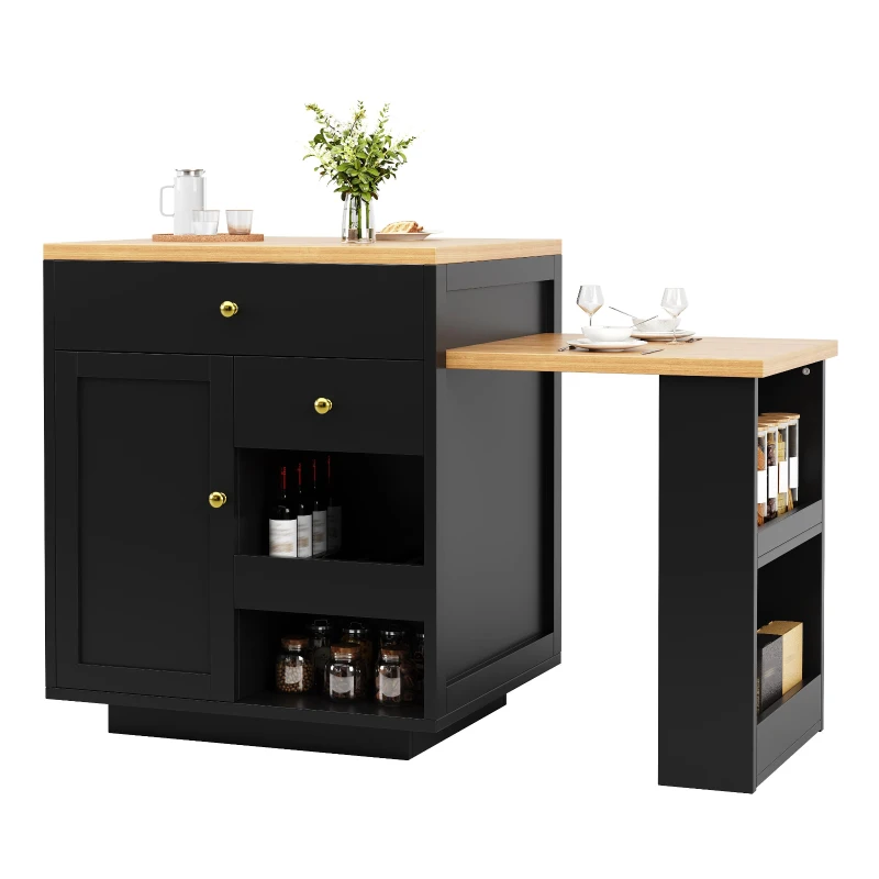 Extendable Kitchen Island with Storage and MDF Top, Space-Saving Dining Bar with Built-In Wine Rack, 195.5L x 70W x 94H cm, Black