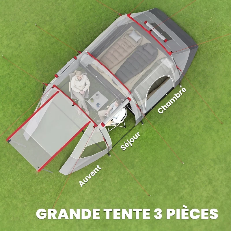 Outsunny Tente de camping familiale 3 personnes, tente tunnel imperméable, portes + fenêtres, 5,1 x 2,4 x 1,8 cm, gris clair