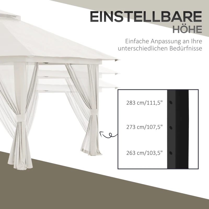 Outsunny Opvouwbare paviljoen, verstelbare hoogte, 4 netwanden, ventilatiedak, draagtas, snelle montage, 4 x 4 x 3 m, crèmekleurig