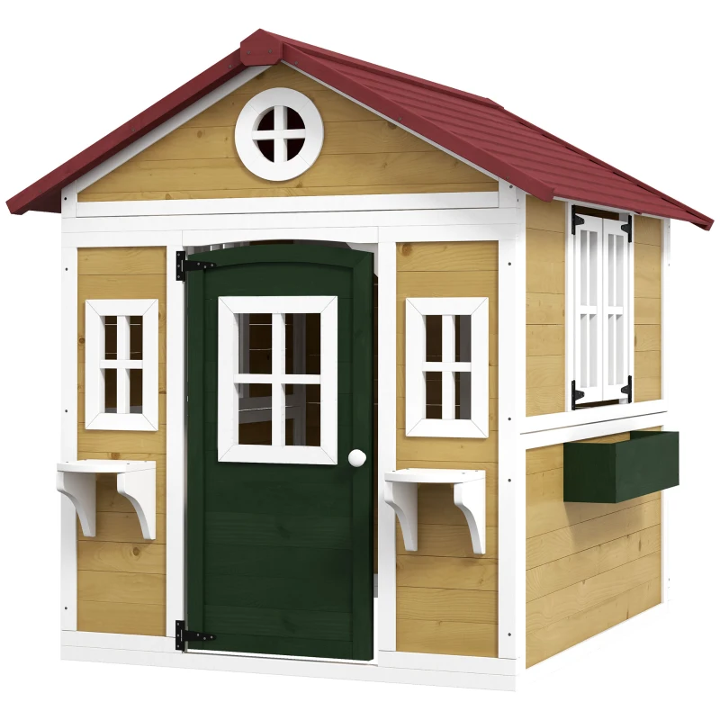 Outsunny Wooden Playhouse with Doors, Windows, Plant Pots, Boxes, for 3-8 Years - Beige