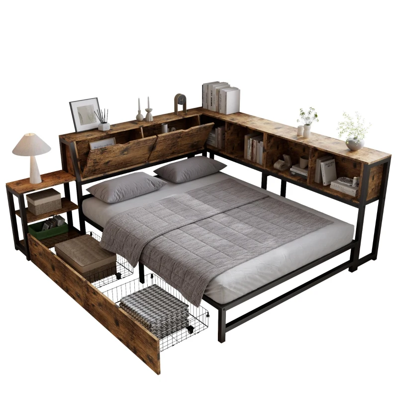 Classic Double Bed with Two Underbed Drawers, Sturdy Storage Bed with Built‑In Bedside Storage, 200L x 136.5W x 85H cm, Rustic Brown